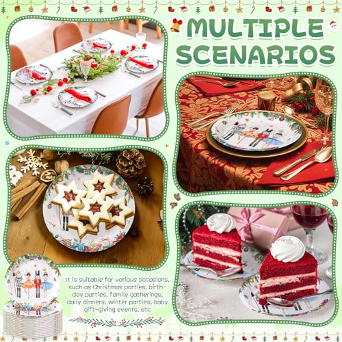 Shellwei 100 Pcs 7 Inch Christmas Plates Green White Nutcracker Set for Holiday Party