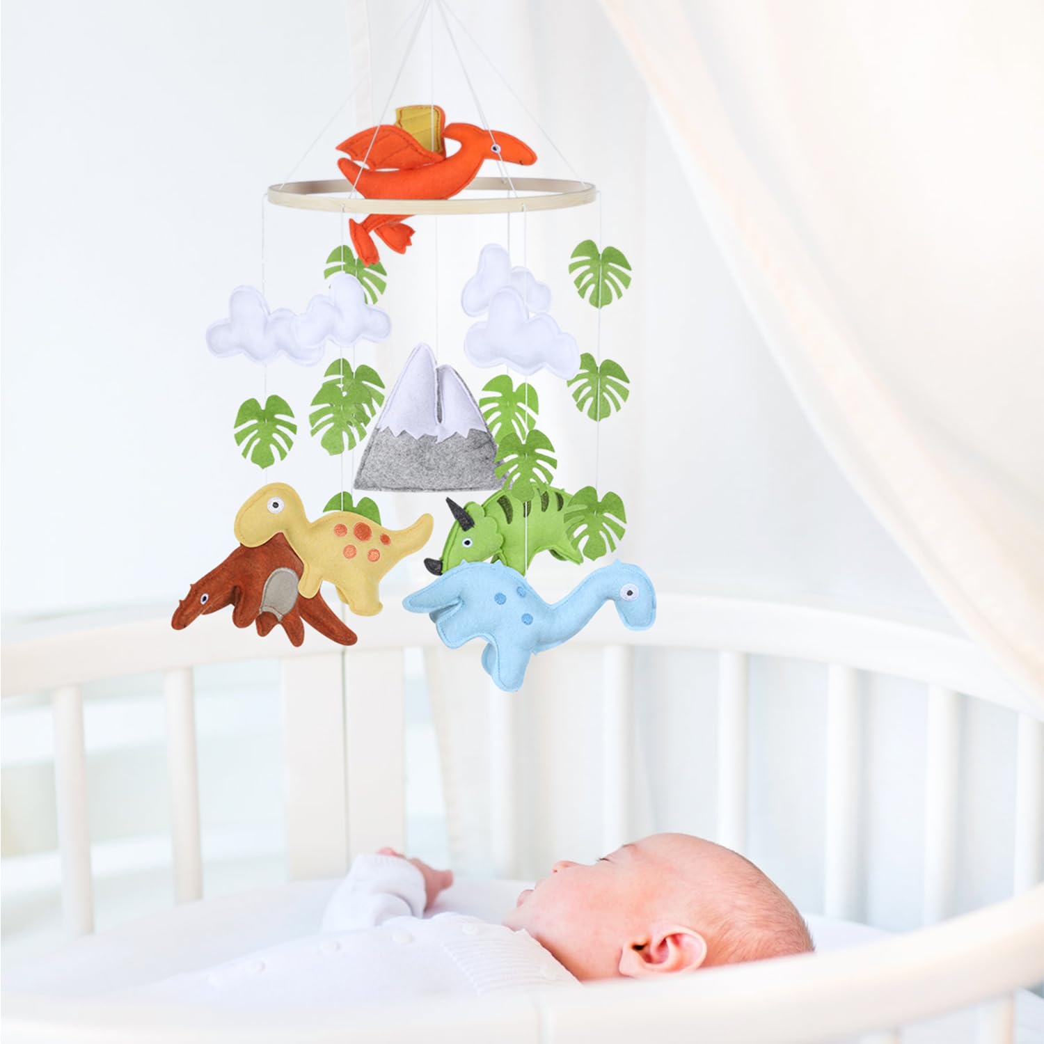 CLYMENE Dinosaur Baby Mobile for Crib | Baby Nursery Dinosaur Mobile | Gender Neutral Baby Stuff for Dinosaur Theme Nursery | Handmade Felt Hanging Dino and Mountain Room Decor for Boys & Girls