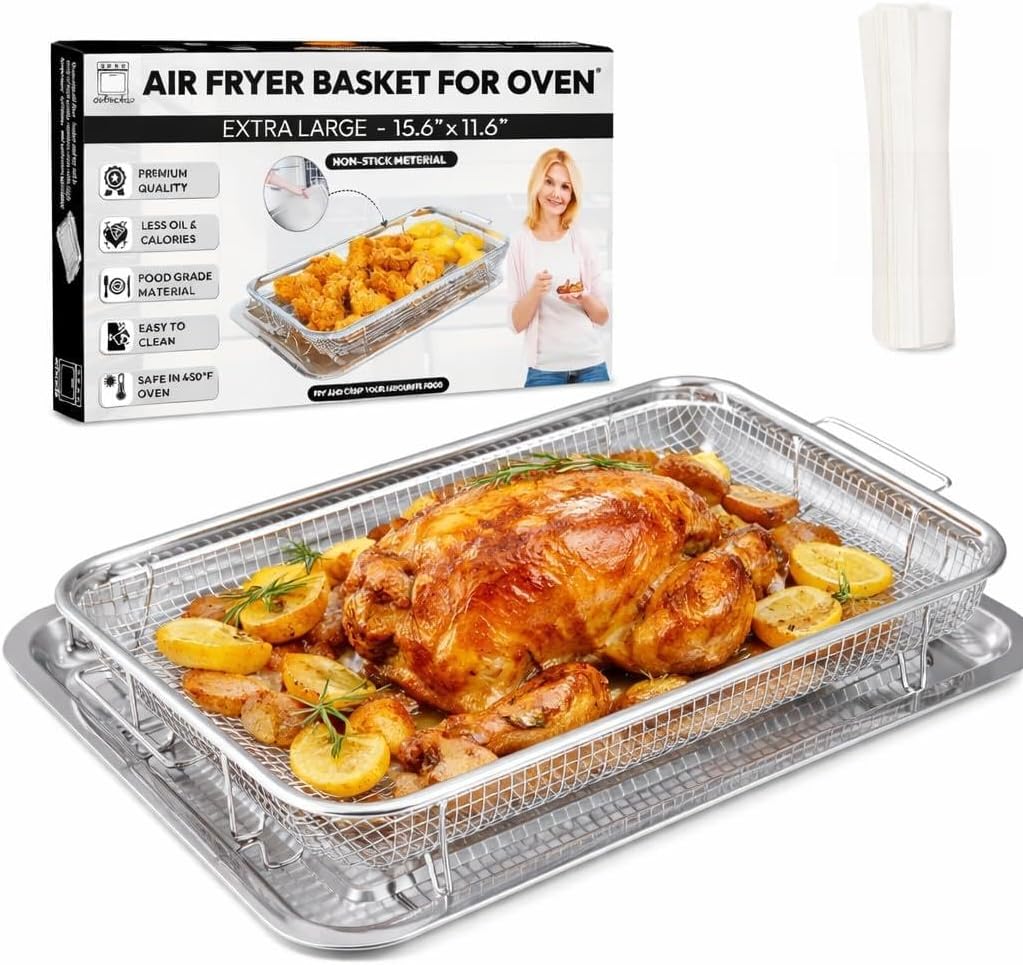 OvenCrisp Air Fryer Basket - 15.6" X 11.6" Large Stainless Steel Pan & Crisper Tray Set with 30 Parchment Papers