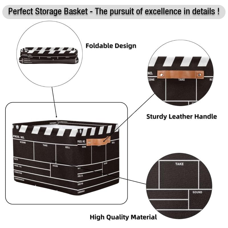 OSAM SPACE Movie Clapper Board Large Storage Bin Collapsible Storage Basket with Handles, Laundry Basket Hamper Organizer Foldable Storage Box for Toys Bedroom Kids Room