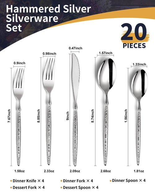 Lemeya 20-Piece Hammered Silverware Set,18/10 Stainless Steel Forging Heavy Duty Cutlery Set for 4, Luxury Unique Flatware Set,Spoons and Forks Set,Mirror Polished,Dishwasher Safe
