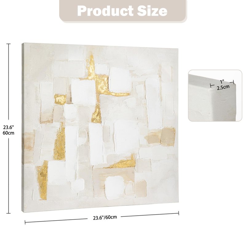 Briful Neutral Abstract Wall Art for Living Room, Textured White and Gold Canvas Wall Decor, Modern Minimalist Square Wall Art for Bedroom, Entryway, Office, Ready to Hang, 23.6" x 23.6"
