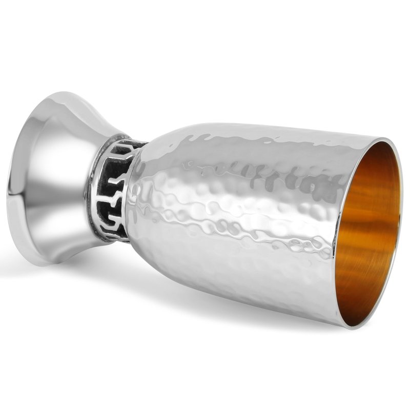 Zion Judaica Shabbat Kiddush Cup with Wine Blessing - Hammered Belly Shape - Short Foot Wine Goblet for Rosh Hashanah Shabbos Yom Tov Jewish New Year Wine Cup Judaica Gift for Wedding Bar/Bat Mitzvah
