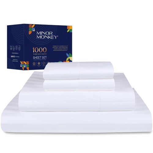 Minor Monkey 100% Egyptian Cotton Queen Size Damask Striped Sheets, 1000 Thread Count Luxury Breathable Sheet, 4Pc Queen Size Bed Sheet Set, Long Staple 16" Deep Pocket Sheets Set: White