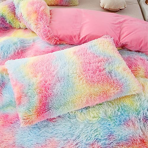 Rainbow Tie-Dye Faux Fur Twin Comforter Set, 3-Piece Fluffy Bedding