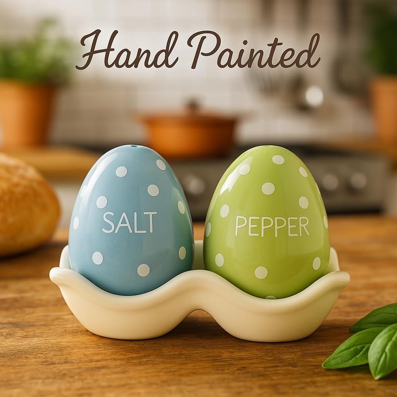 The Bridge Collection 4" Polka Dotted Egg Salt and Pepper Shaker Set - 3 Piece Set - Easter Kitchen Items - Fun Salt and Pepper Shakers for Home Decor