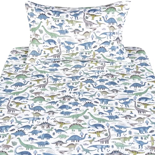 Dinosaur World Twin Sheet Set - 3-Piece 100% Cotton Bedding for Kids