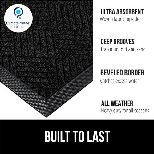 GORILLA GRIP Waterproof All-Season Doormat - Natural Rubber, Stain & Fade Resistant, 29x17, Black Diamond