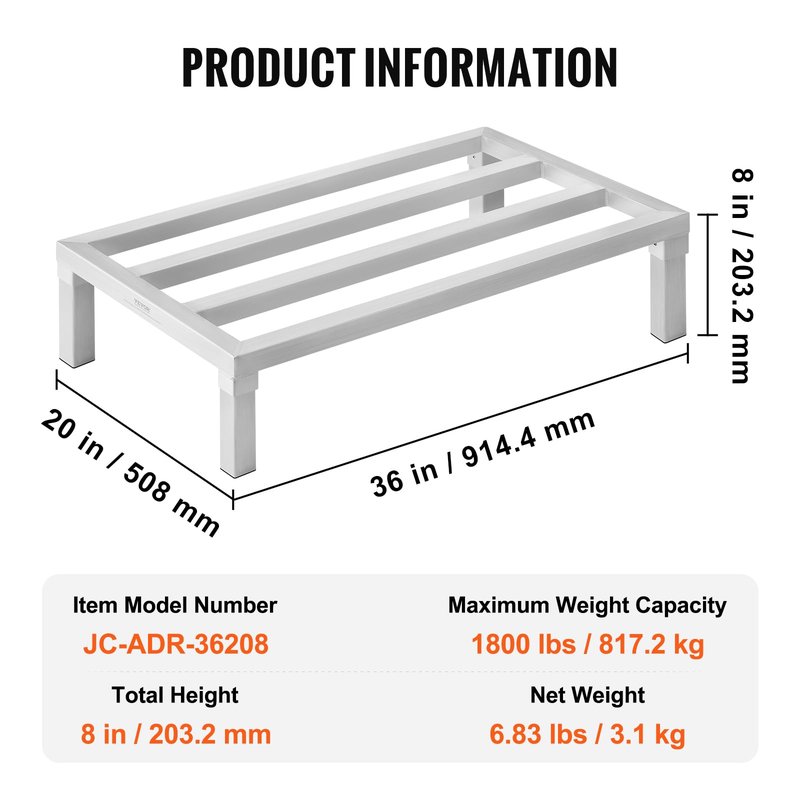 VEVOR Aluminum Dunnage Rack, 36” x 20” Commercial Food Floor Rack, 8” Off the Floor, 1800 lbs Capacity All-Welded Aluminum Storage, for Storage in Restaurants, Kitchens, Garages and Vehicles