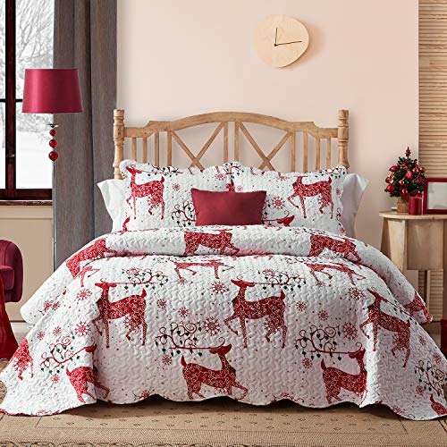 Hansleep Red Reindeer Queen/Full Christmas Quilt Set 90x96 in Bedding