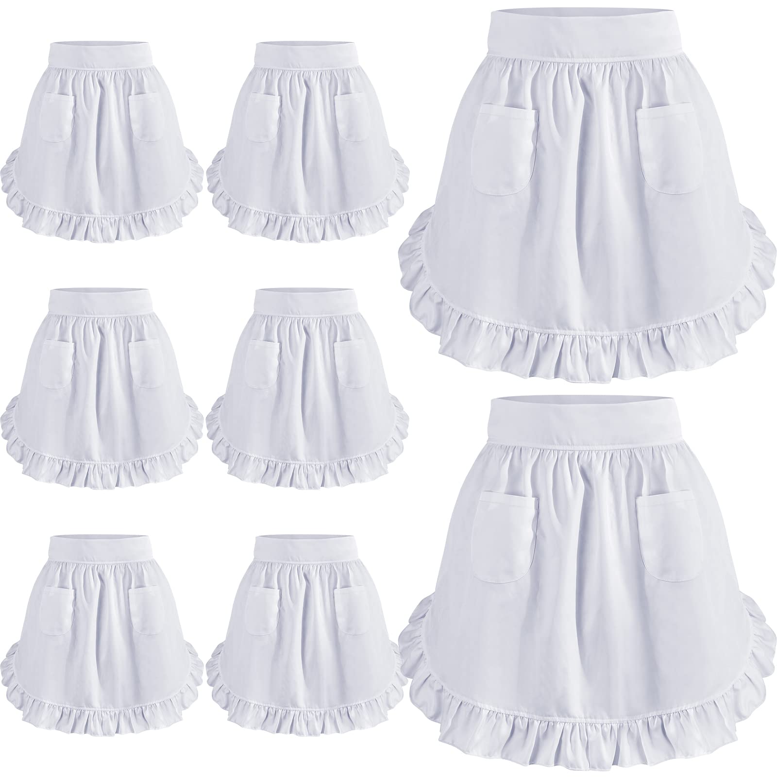 Hercicy 8 Pcs White Waist Apron for Women Half Retro Maid Aprons Ruffles Cute Pinafore with 2 Pockets for Halloween Waitress Servant Cosplay Costume