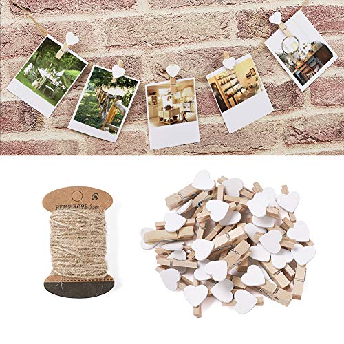 100pcs Heart Wooden Clothespins with Jute Twine for Photo Display and Crafts