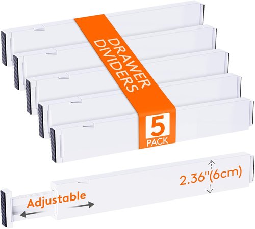 Lifewit Adjustable Drawer Organizer - 5 Pack 2.36" High Dividers for Clothes & Utensils | Expandable Storage Solution in White