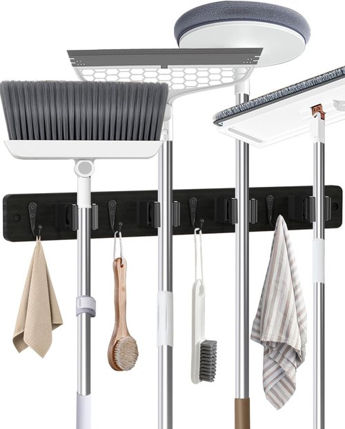 AceMining Broom Holder - Wall Mounted Mop Organizer with 4 Holders & Hooks | Natural Pine Wood