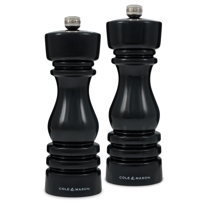 Cole & Mason H233098 London Black Gloss Salt and Pepper Mill Set, Precision+ Carbon/Ceramic Mechanisms, Salt and Pepper Grinders with Adjustable Grind, Beech Wood, 180mm, Gift Set
