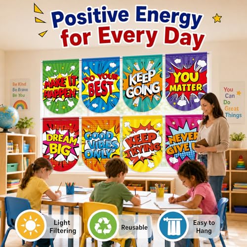 8-Piece Hero Themed Classroom Window Valance Curtains, 36x24 Inch