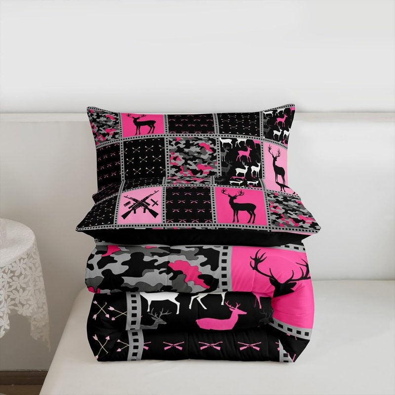 Feelyou Twin Size Cute Deer Bedding Set Boys Girls Deer Hunting Camo Comforter Set for Kids Women Men Ultra Soft Antlers Western Farmhouse Comforter Pink Black Duvet Set Room Decor Quilt Set