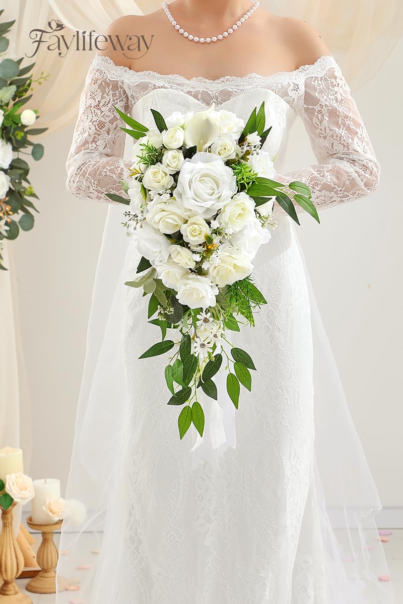 Faylifeway Wedding Bouquets for Bride, White Cascading Bridal Bouquet Artificial Flowers，9.8 Inch Bride Bouquets for Wedding Decoration, Boho Ceremony,Church, Anniversary Decor
