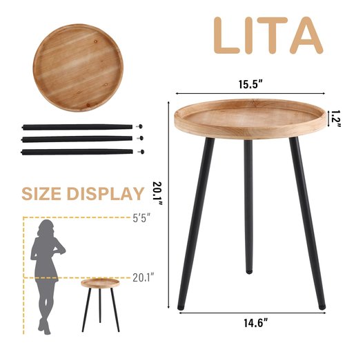 LITA Log Desktop Round Side End Table, Indoor Outdoor Wooden Tray Nightstand Table with Metal Stand for Living Room Bedroom Office Small Spaces (M)