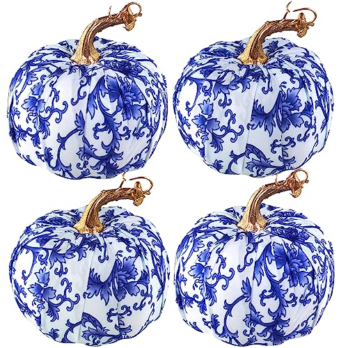 Set of 4 Blue and White Fabric Pumpkins - Chinoiserie Fall Table Decor