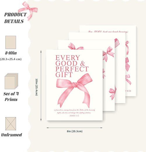 LARTSFRO Coquette Pink Bow Wall Art | Inspirational Christian Decor for Teen Girls | Set of 4 Unframed 10x8 Inch Prints