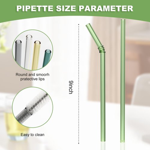 FBAJOJO, coloured glass straws, 8 inch long, 8 mm diameter, 12 wear resistant heat resistant straws, with 4 straw cleaning brushes, 6 straight, 6 curved design