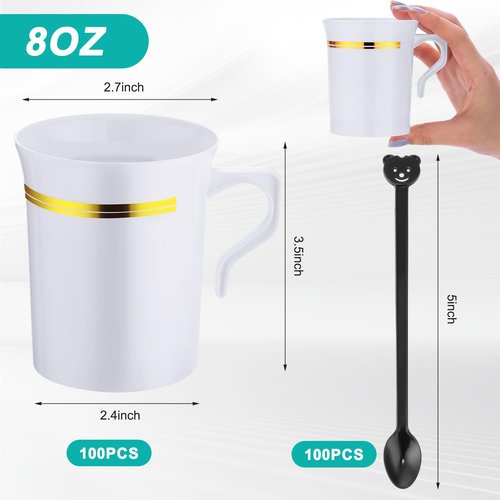 Bokon 100 Pcs Plastic Coffee Tea Cups Reusable 8 oz White Coffee Mugs Bulk with Handle and Spoon with Gold Rim Espresso Cup for Tea Cafe Milk Dessert Shop