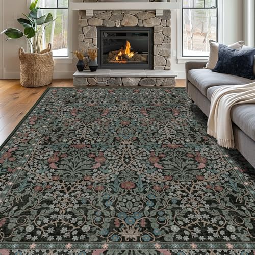 8x10 Washable Area Rug, Stain-Resistant Vintage Floral Carpet for Living Room