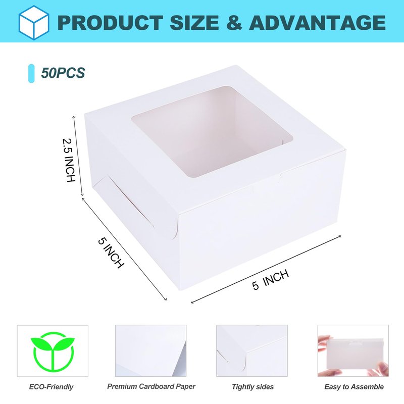 Zzrywuty 50 Packs 5x5x2.5in White Cookie Boxes, Bakery Boxes with Window, Mini Cake Boxes, Food Container Boxes for Cookies, Pastry, Pie, Strawberries, Donuts, Candy, Desserts, Small Cake