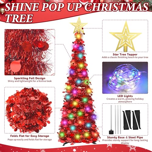 5ft Prelit Pop-Up Christmas Tinsel Pencil Tree with 50 LED Lights - Red