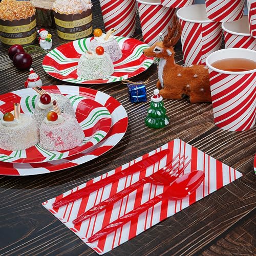 Jectivs 350Pack Candy Cane Holiday Party Plates & Cutlery Set for Christmas, Winter, New Year