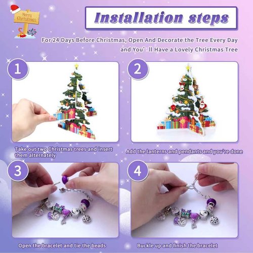 Advent Calendar 2025 - Kids' Christmas Countdown with 22 DIY Charm Beads & 2 Bracelets | Purple