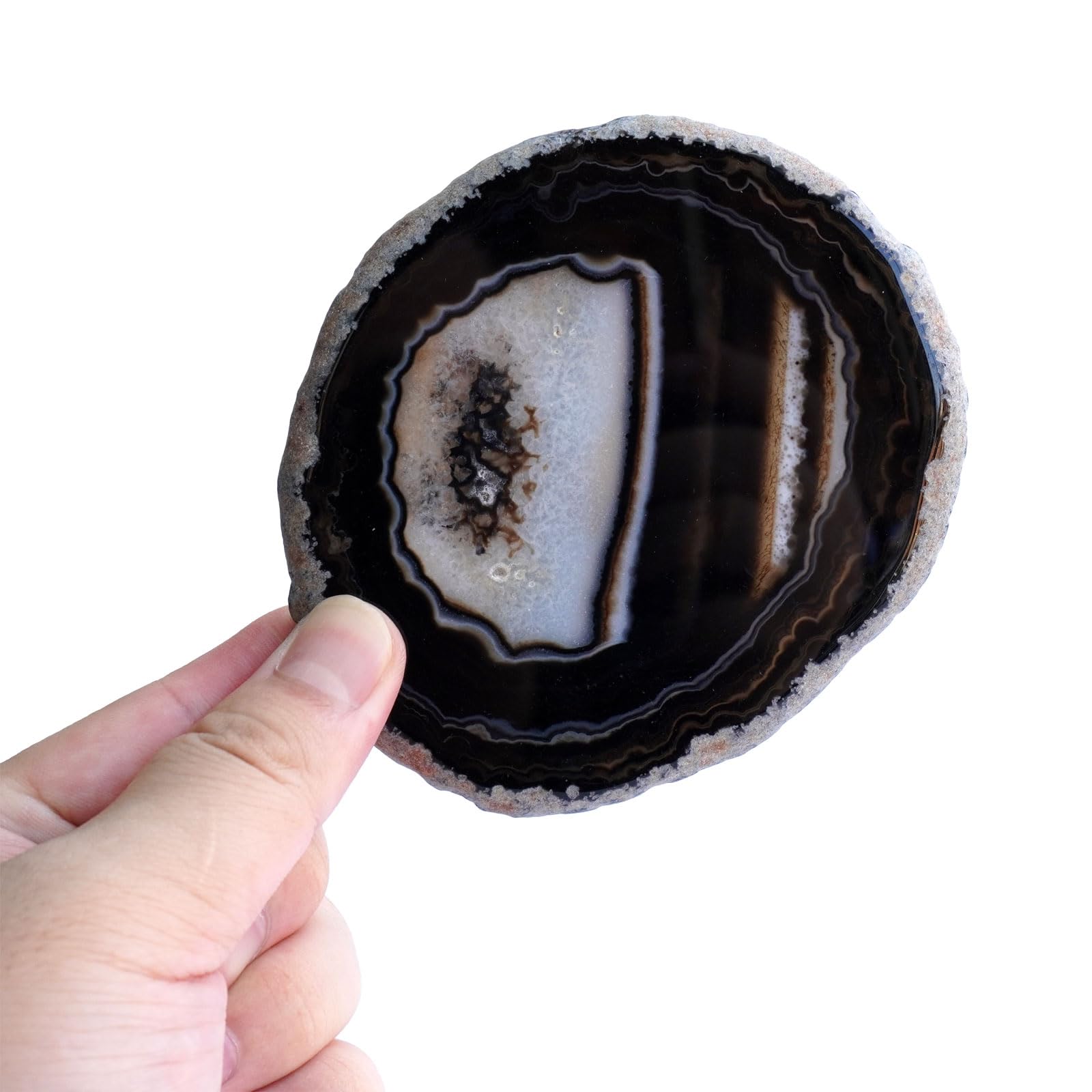 Sisamn Black Agate Slices Bulk Geode Coasters Set of 4 with Rubber Bumpers - Unique 3-4 Inch Dyed Stone Drink Crystal Coasters for Home Decor, Coffee Table, Bar Accessories