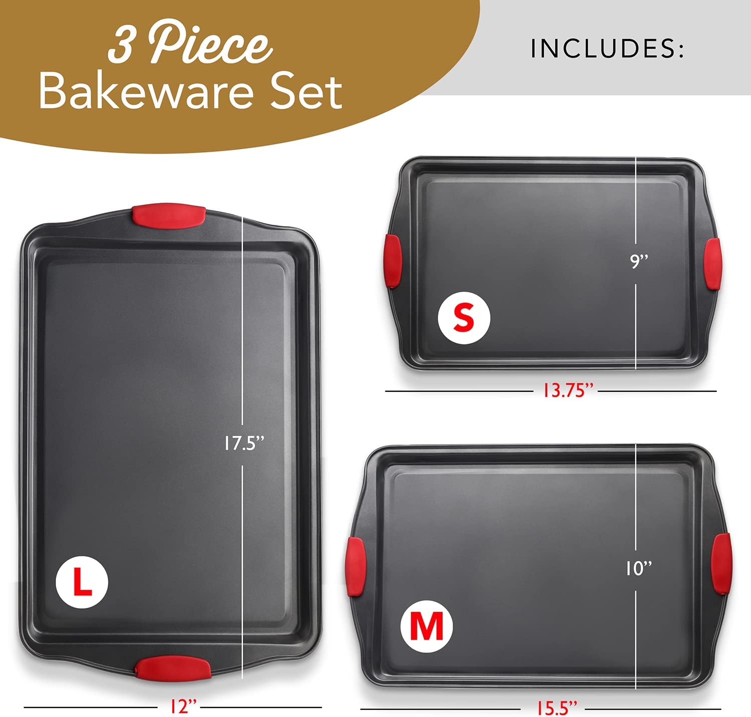 Steel Baking Sheet Set by [Brand Name] - 3-Piece Nonstick Cookie Sheets with Silicone Handles | BPA-Free, Durable Oven Pans - Black
