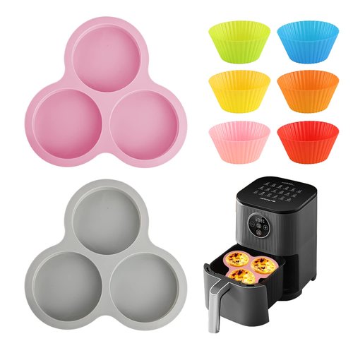 Abnaok 2PCS Silicone Air Fryer Egg Pan with 6PCS Reusable Silicone Baking Cups, Non-Stick Air Fryer Baking Pan, 3 Cavity Muffin Pans Muffin Cups for Baking