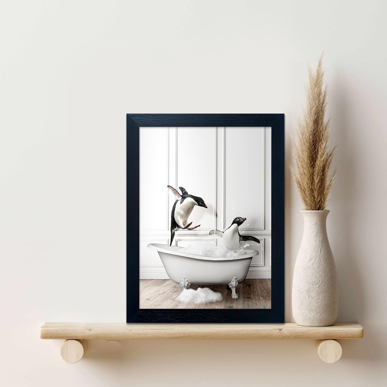 Skiennix Kids Bathroom Decor - Cute Penguin Canvas Print | Funny Black and White Wall Art
