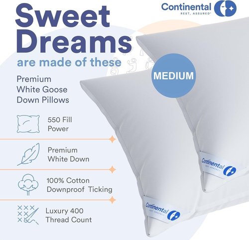 Medium Standard Pack of 1 100% White Down Pillows 20oz 550FP Hotel Down Pillows for Supporting Back Side and Stomach Sleepers