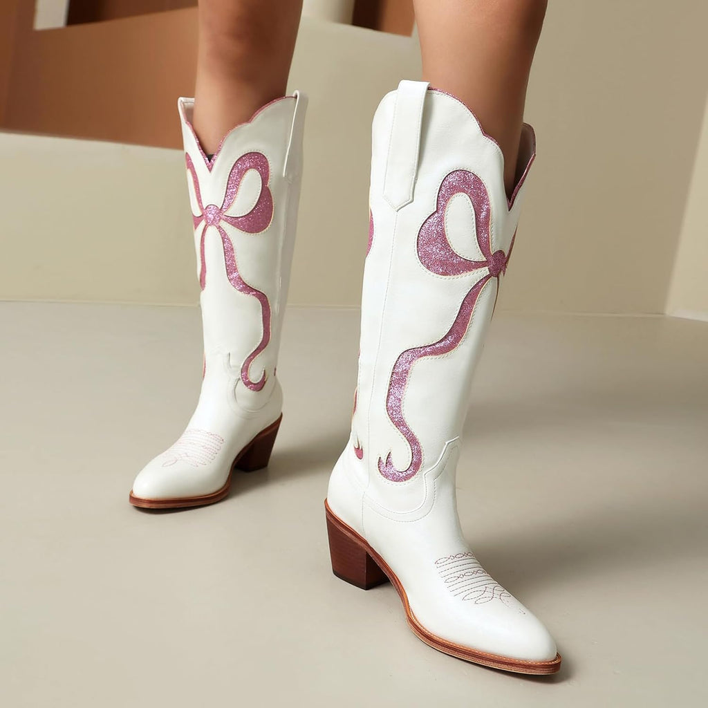 Skiennix Women's White Cowgirl Boots - Knee High, Almond Round Toe, Chunky Heel, Embroidered Design