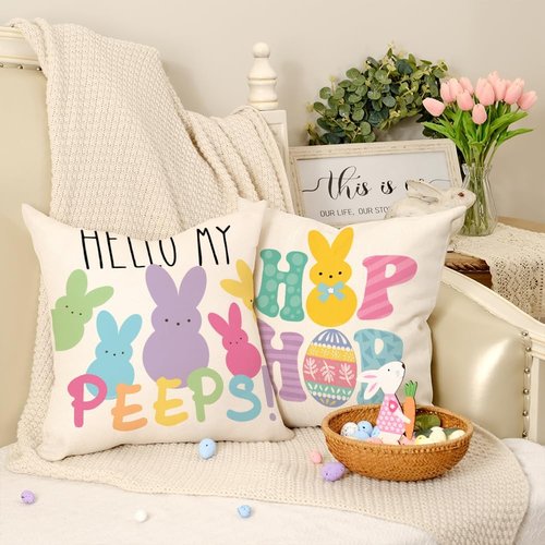 GEEORY Easter Pillow Covers 18x18 Set of 4 Easter Decorations for Home Bunny Truck Hello Peeps Hip Hop Decorative Throw Pillows Spring Easter Farmhouse Decor
