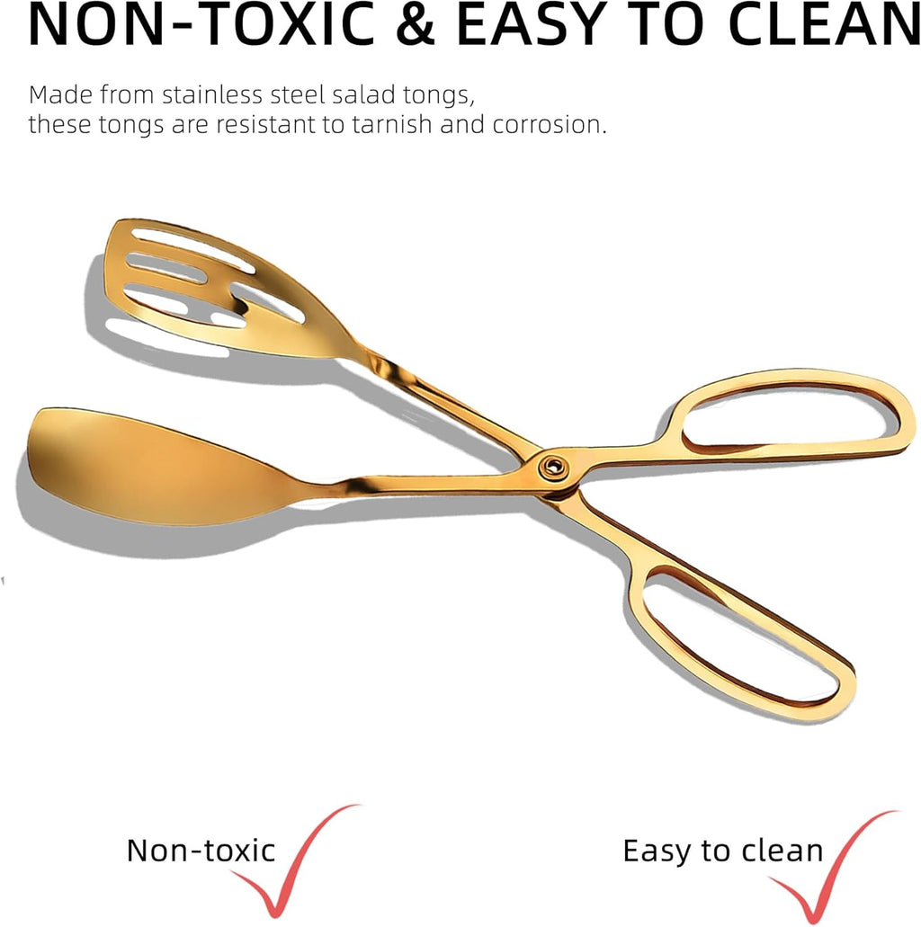 Salad Tongs - Premium Stainless Steel Scissor-Style Servers | Non-Toxic, Heat-Resistant, Dishwasher Safe (Gold) - 2 Pack