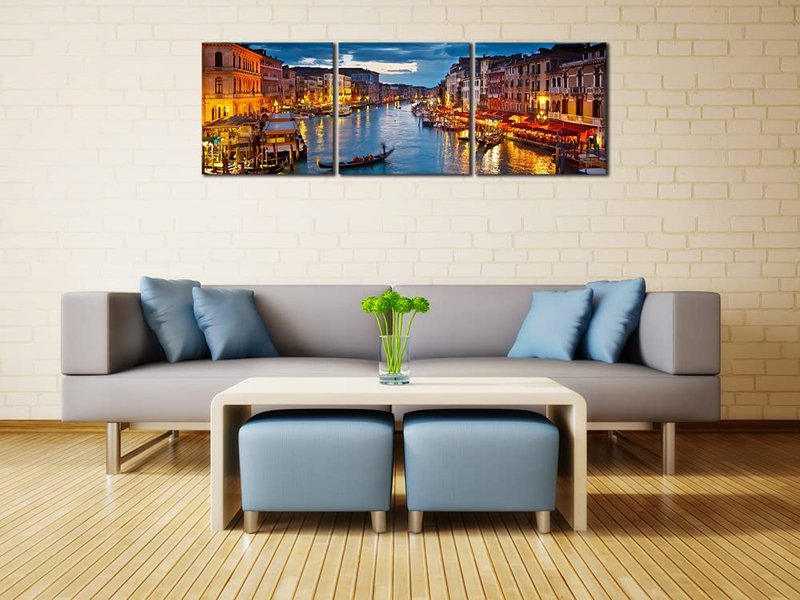 Wieco Art Venice Night 3 Piece Giclee Canvas Prints Wall Art Italy City Skyline Landscape Picture Paintings for Living Room Bedroom Home Decorations Modern Stretched and Framed Cityscape Artwork