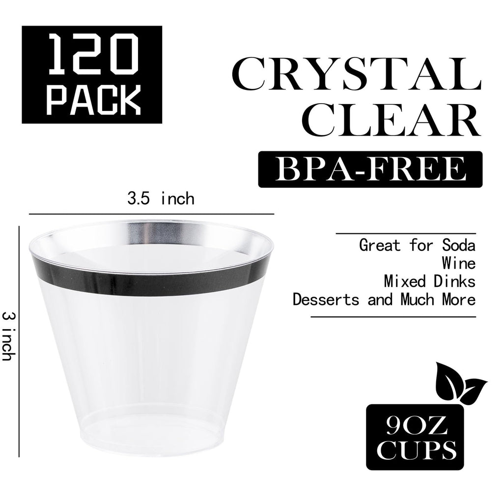 WELLIFE 120 PCS Black Plastic Cups,Disposable Cocktail Glasses,Plastic Wine Glasses Disposable,9 oz Clear Cups for Party