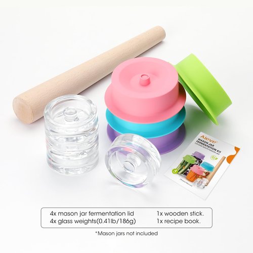 Aieve Fermentation Kit, Premium Fermenting Starter Kit for Pickle, Sauerkraut, Kimchi Making Kit with 4 Pack Fermentation Lids, Glass and Wooden Tamper