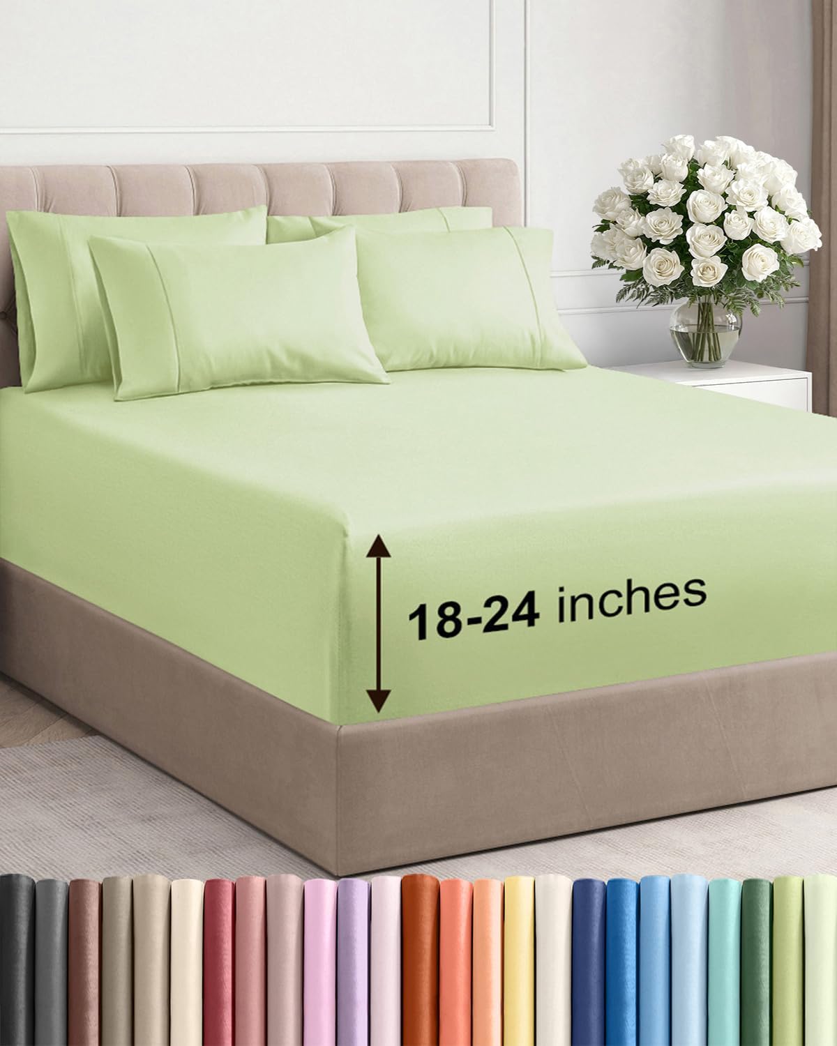 Skiennix Extra Deep Full Sheet Set | 6-Piece Breathable Cooling Bedding - Soft, Wrinkle-Free Light Sage