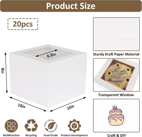 Moretoes Cake Boxes - 20 Pcs Tall White Bakery Boxes with Window | 10x10x8 Inches for Pastries & Desserts