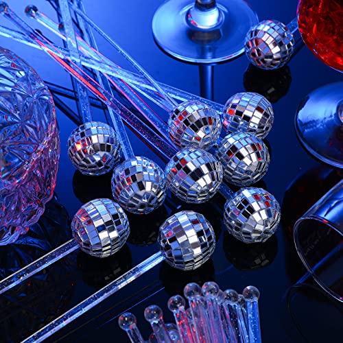 Sawysine Silver Disco Ball Drink Stirrer 48 pcs - Party Cocktail Picks, Shiny Decor