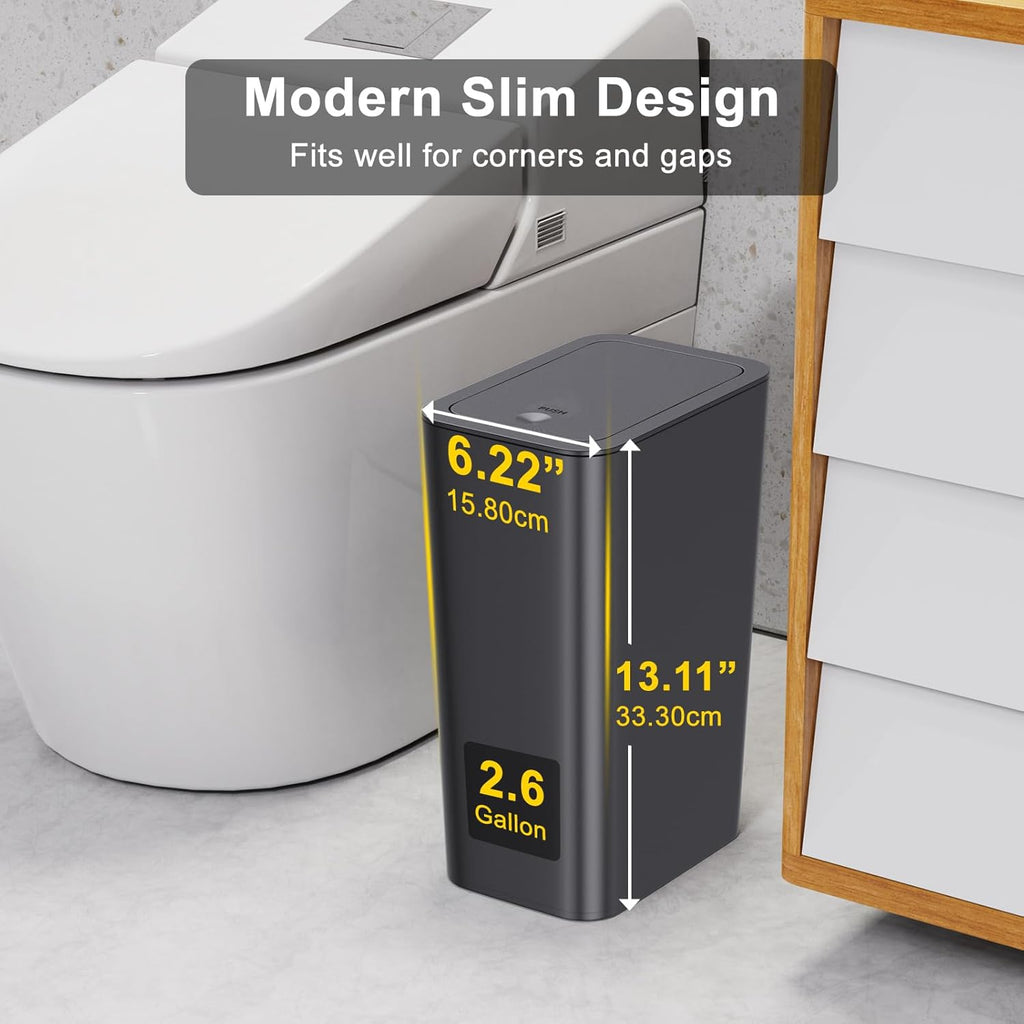 NETDOT 10 Liter Slim Trash Can - 2.6 Gallon Waste Bin with Lid for Bathroom, Kitchen, Office | Black