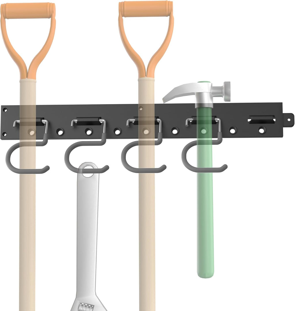 TORACK Wall Mounted Mop and Broom Holder - Garden Tool Organizer with 4 Tracks & 16 Hooks
