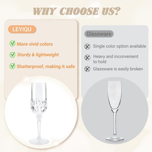 LEYIQU Detachable Plastic Champagne Flutes 7oz (Set of 12, Clear), Reusable Shatterproof Unbreakable Champagne Glasses, Toasting Cups for Wedding, Party, Mimosa Bar, Anniversary & Event Drinks