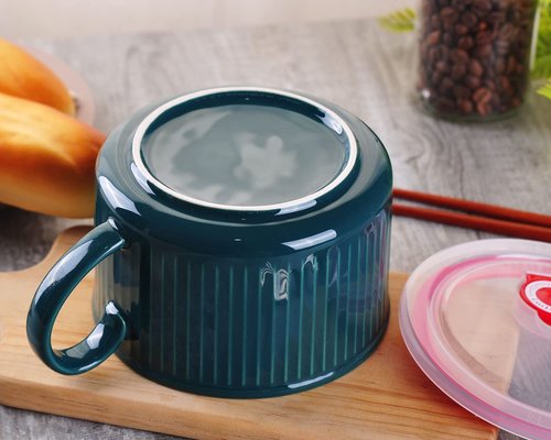 WHJY 30oz Ceramic Bowl with Lid and Handle for Soup and Instant Noodles Soup Mug, Modern Simple Style, with Heat Preservation Handle - Dark green